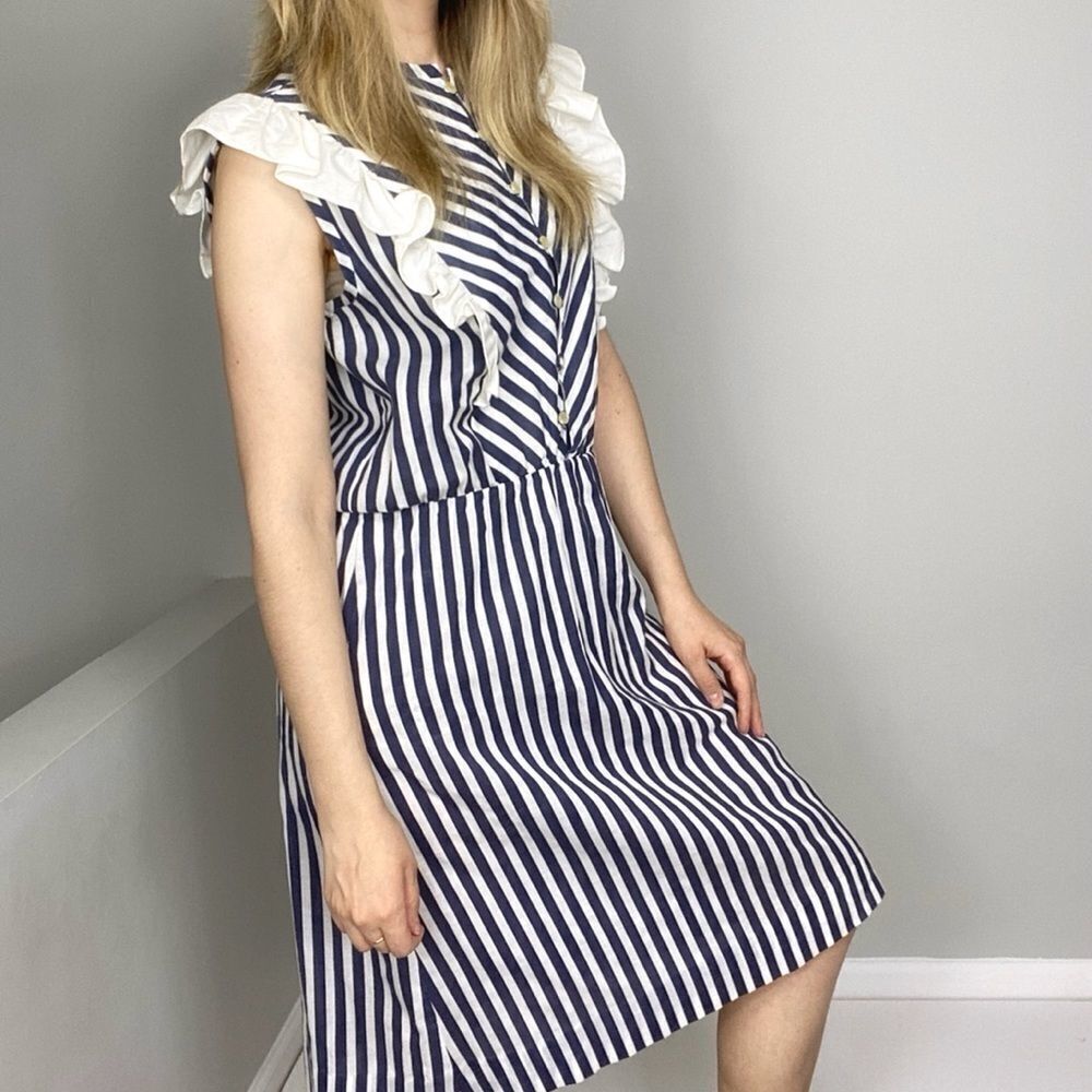 Vintage Summer Dress Blue & White Stripe. Romantic Casual Poetcore Dress. - Picture 6 of 9